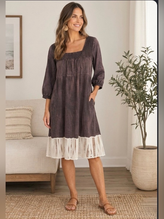 Prana Dresses & Skirts - Prana Dark Brown 100% Cotton Midi Dress with velvet trim. 3/4 sleeve EUC XL